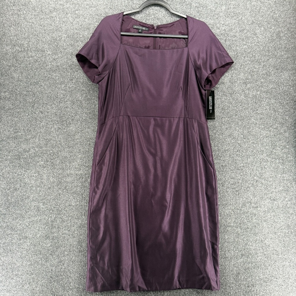 Lafayette 148 Dress Womens 12 Purple Wool Sheath Square Neck Old Money Cocktail